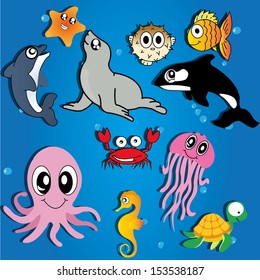 different water animals on abstract water background