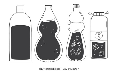 Different water bottles with fresh drink. Black vector doodle bottle. Healthy drink with mineral water,  ice and lemon slices.