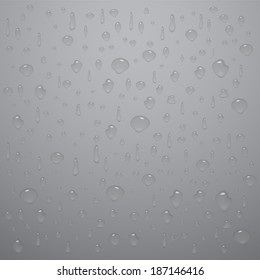 Different water drop with shadow and reflection, on gray surface, vector illustration background