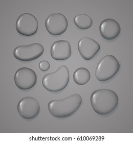 Different water drops vector clip-art. Transparent liquid elements collection