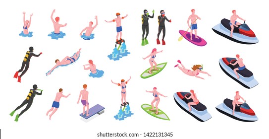 Different water sports isometric icon set with surfing windsurfing diving swimming and other types of sports vector illustration