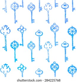 Different watercolor blue keys hand drawn illustration isolated on white, seamless vector pattern, decorative background, designed texture, ornament for greeting card, package, wallpaper, invitation