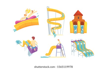 Different Waterslides Vector Set. Aqua Outdoor Recreation Collection