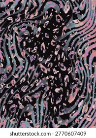 Different Waves Abstract Hand Drawn Leopard Vector Art Animal Skin Seamless Pattern, ready to print optical illusion spiral art, suitable for printing on surface, textile, fabric textured, grungy wallart wrapped paper, decorative all over style pattern, muted colors and bright colors together, black vector background, trendy, fashionable, woman's wear collection night wear, digital art.