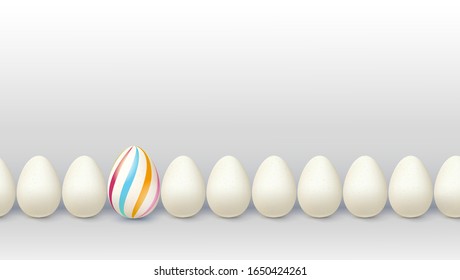 Different way for leader. Decorated egg stay in line with ordinary ones. Business concept with individual solutions. Creative view of situations for innovative solution. Vector 3d illustration