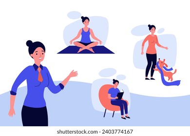 Different ways of coping with stress vector illustration. Woman doing yoga, reading book, playing with dog pet. Stress relief, coping with stress mechanism concept