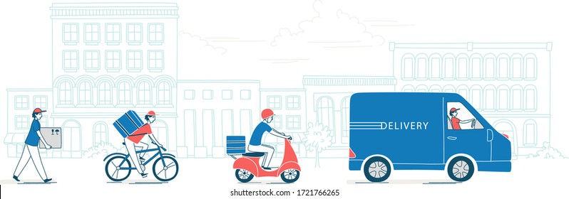 Different ways of couriering goods and food from restaurants. Delivery on foot, by bike, scooter, van. Background of the cityscape. Vector illustration doodles, thin line art sketch style concept