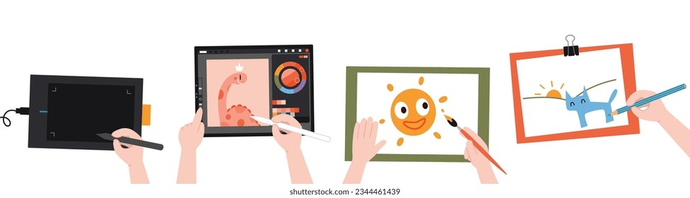 Different ways of creativity. Childrens hands at art class, digital painting and hand drawing, top view, cartoon style. Trendy modern vector illustration isolated on white background, flat design