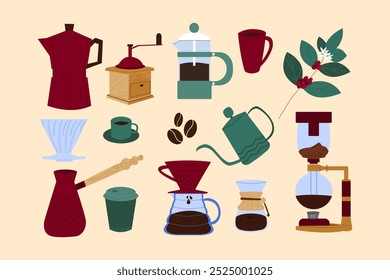 Diferentes formas de hacer café. Preparación alternativa de café. Elementos de Vector aislados sobre fondo.