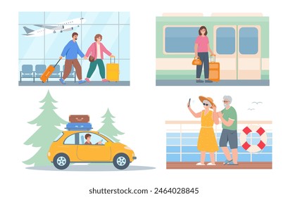 Diferentes maneras de viajar para la gente. Viajar en avión, en tren, en barco y en coche. Conjunto de caracteres turísticos. Ilustraciones vectoriales de concepto de vocación de verano aisladas sobre fondo blanco.