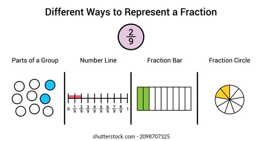 Different ways to represent a fraction in mathematics. Parts of group, number line, fraction bar and fraction circle of two ninths