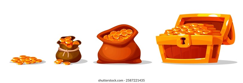 Different ways to store gold coins. Wooden chest, packet and stack with golden shiny treasure. medieval treasures, pirate trophy. Game ui isolated fantasy element. Vector cartoon money concept