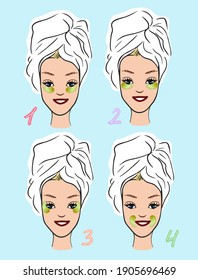 Different ways to use eye patches icons set spa skin care beauty fashion hand drawn colorful illustration 