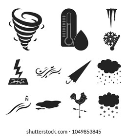 Different weather black icons in set collection for design.Signs and characteristics of the weather vector symbol stock web illustration.