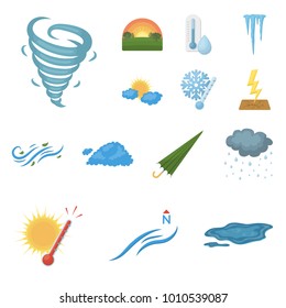 Different weather cartoon icons in set collection for design.Signs and characteristics of the weather vector symbol stock web illustration.