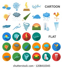 Different weather cartoon icons in set collection for design.Signs and characteristics of the weather vector symbol stock web illustration.