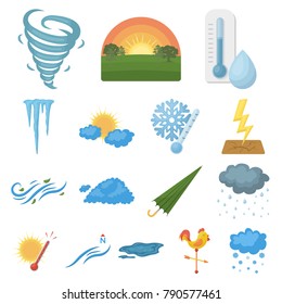 Different weather cartoon icons in set collection for design.Signs and characteristics of the weather vector symbol stock web illustration.