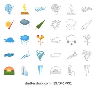 Different weather cartoon,outline icons in set collection for design.Signs and characteristics of the weather vector symbol stock web illustration.
