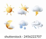 Different Weather Icons 3D. Vector dark clouds with snow, rain, lightning and sun. Thunderstorm clouds. Temperature, weather condition user interface UI icons. Clouds, wind symbol, raindrops