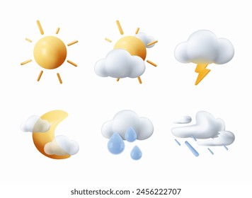 Different Weather Icons 3D. Vector dark clouds with snow, rain, lightning and sun. Thunderstorm clouds. Temperature, weather condition user interface UI icons. Clouds, wind symbol, raindrops