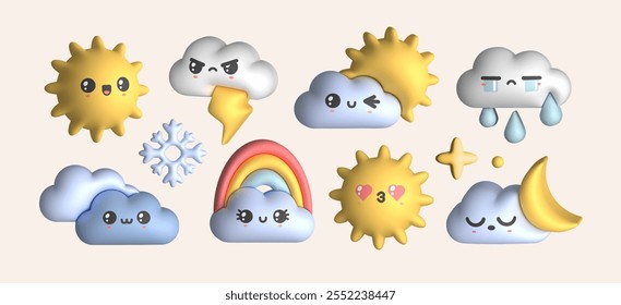 Different weather icons. Various mood, face expressions. Colorful kawaii funny characters. Plasticine, modeling clay cartoon 3D style. Hand drawn modern Vector illustration. Isolated design elements