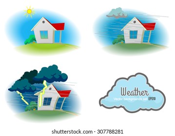 Different weather landscapes. Illustrations of the small comfortable house in different weather conditions: sunny, overcast and rainy, thunderstorm with rain. Background. Poster. Postcard.
