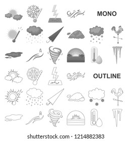 Different weather monochrom icons in set collection for design.Signs and characteristics of the weather vector symbol stock web illustration.