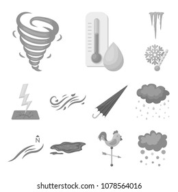 Different weather monochrome icons in set collection for design.Signs and characteristics of the weather vector symbol stock web illustration.