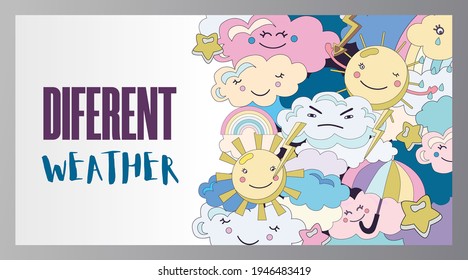 Different weather poster cartoon vector illustration. Collection of various emotional sky fairy characters in cloudy, sunny, rainy weather states. Flat colorful design. Mood, weather, nature concept