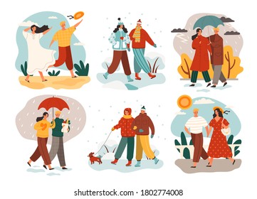 Different weather and seasons with people showing young couples outdoors in wind, hot sunshine i summer, rain in spring or autumn and winter snow, colored vector illustration