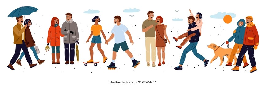 Different Weather Walking. Couple In Love. Man And Woman In Seasonal Clothes. Winter And Autumn Apparel. Spring And Summer Outfits. Stroll In Park. Outdoor Promenade