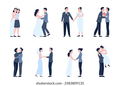 Different wedding couples. Traditional, gay and lesbian married people. Newlyweds in dress and costumes, marriage ceremony romantic scenes recent vector set