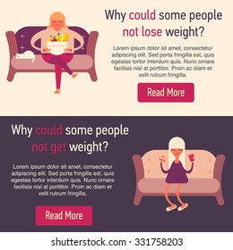 Different weight problems illustration with the fat and extremely thin girls trying solve their problem with dieting. Fully editable vector illustration. Perfect for web and blog illustrations.