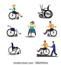 Different wheelchairs for men and women. Disability person concept. Young disabled man and woman in wheelchair isolated on white background.  vector  illustration