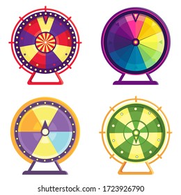 Different wheels of fortune. Set of colorful objects in cartoon style.