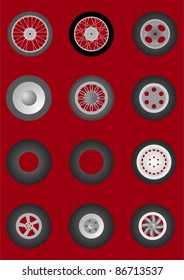 Different wheels with tires for vehicles, on a brown background.