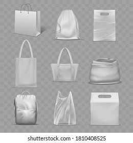 Bolsas blancas diferentes montadas sobre fondo transparente