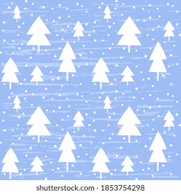 Different white Christmas trees and polka dots on a bluish background, textured. Seamless vector pattern for Christmas packaging, surface, wallpaper.
