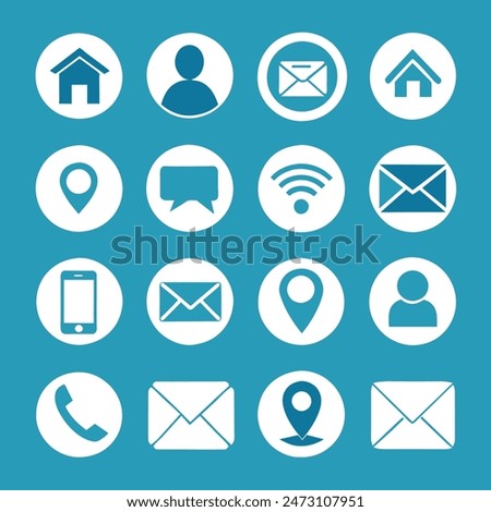 Different white color flat contact us home, location, email, website, phone, message icon set