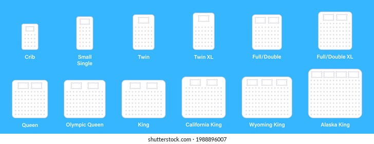 Different White Mattress Line Icons. Mattress Sizes and Bed Dimensions. Dimension Measurements for Crib, Small Single, Twin, Full or Double, Queen and King Size Bed. Vector illustration.