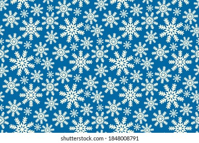 Diferentes copos de nieve blancos aislados en un fondo azul. Lindo patrón festivo sin fisuras. Ilustración gráfica plana vectorial. Textura.