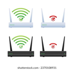 Diferentes routers wifi con símbolos diferentes. enrutador Wi-Fi de red. Módem Ethernet inalámbrico. Ilustración de material vectorial