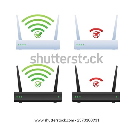 Different wifi routers with different symbols. Network Wi-Fi router. Wireless ethernet modem. Vector stock illustration