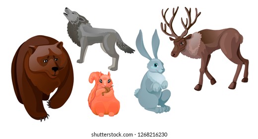 Different wild animals living in the forest. Deer, bear, squirrel with a nut, sitting hare and wolf. Animal vector illustration