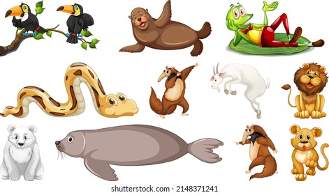 Different wild animals on white background illustration