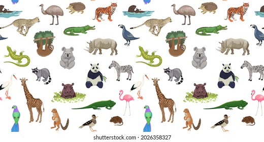 Different wild animals. Seamless pattern with exotic animals, mammals and birds, rainforest and savannah fauna. Vector illustration on white background, print for kids textile