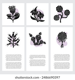 Diferentes flores silvestres. Flores negras sobre fondo blanco. juego de tarjetas Folk art