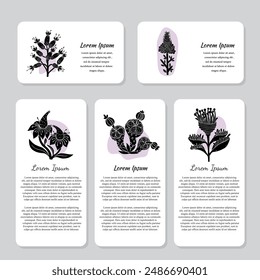 Different wild flowers. Black flowers on white background. Folk art card set