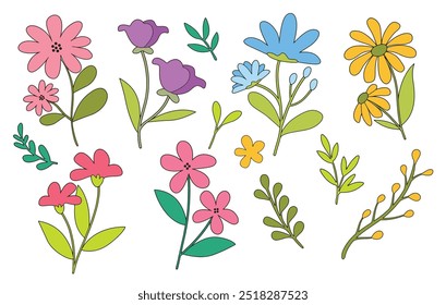 Diferentes ilustrações de vetor de flores silvestres definem a coleção de flores de prado ou campo
