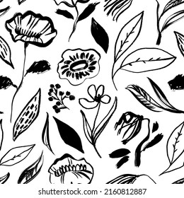 Different wild plants, herbs and flowers seamless pattern. Hand drawing vector plants. Botanical black elements. Line drawing of abstract flowers. Chamomile and daisy decorative ornament